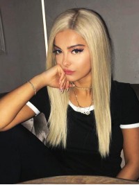 Blonde Lange Rechte 360 Kant Mensenhaar Pruik 16 Inch