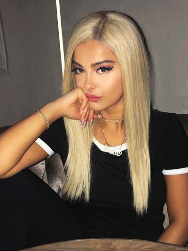 Blonde Lange Rechte 360 Kant Mensenhaar Pruik 16 Inch