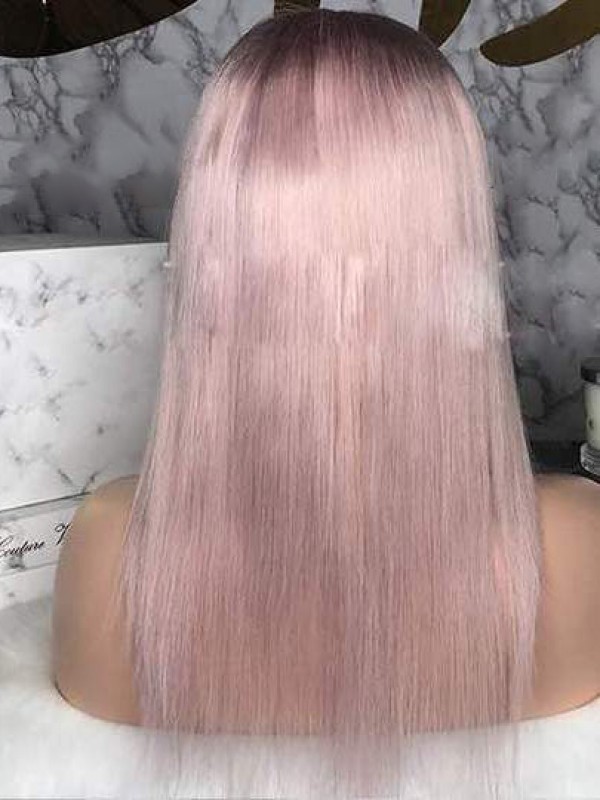 Lange Rechte Yasmin Mensenhaar Roze 360 Kanten Pruik Met Pony