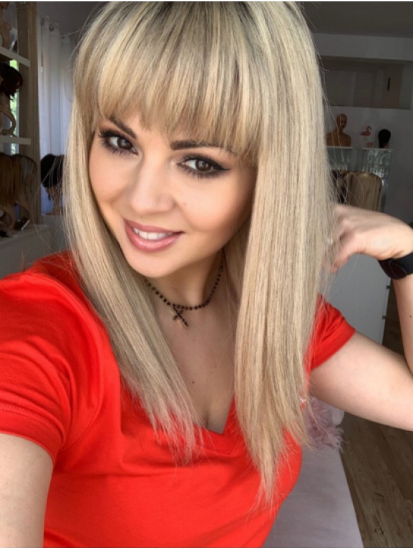 Met Pony Blond Steil 16 "Mensenhaar Pruiken Kopen
