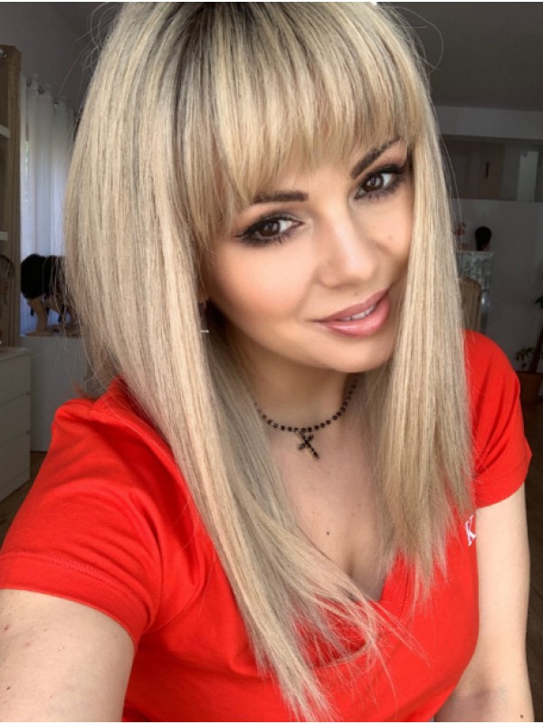 Met Pony Blond Steil 16 "Mensenhaar Pruiken Kopen