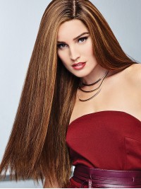Bruine 24" Rechte Lange 100% Handgebonden Pruiken Van Echt Haar Zonder Pony