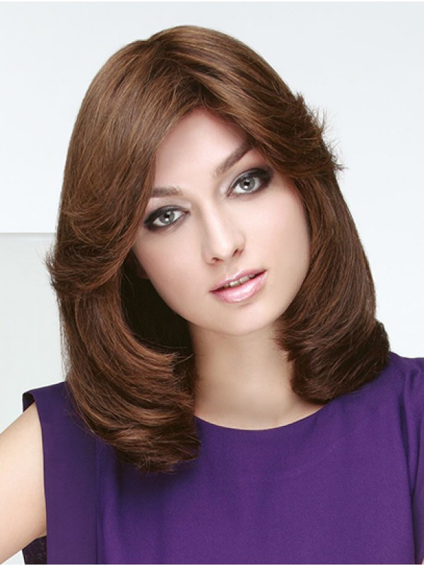 14" Golvende Bruine Schouderlengte Monofilament Bob Pruik Damesaccessoires