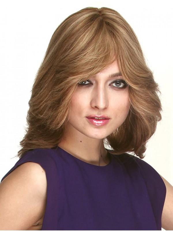 14" Golvende Bruine Schouderlengte Monofilament Bob Pruik Damesaccessoires