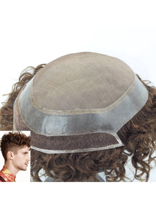 8 "X 10" Donkerblonde Afro Culy Mono Top Pu Perimeter En Lace Front Heren Toupetjes