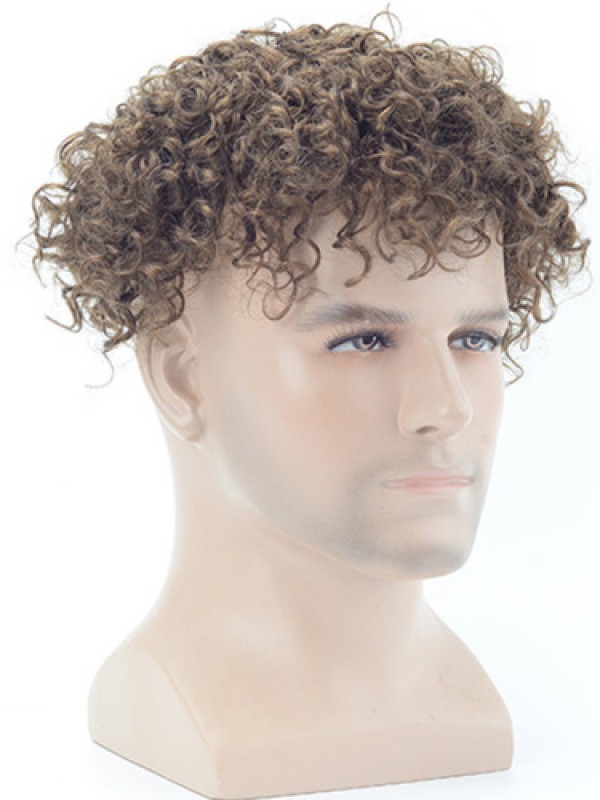 8 "X 10" Donkerblonde Afro Culy Mono Top Pu Perimeter En Lace Front Heren Toupetjes