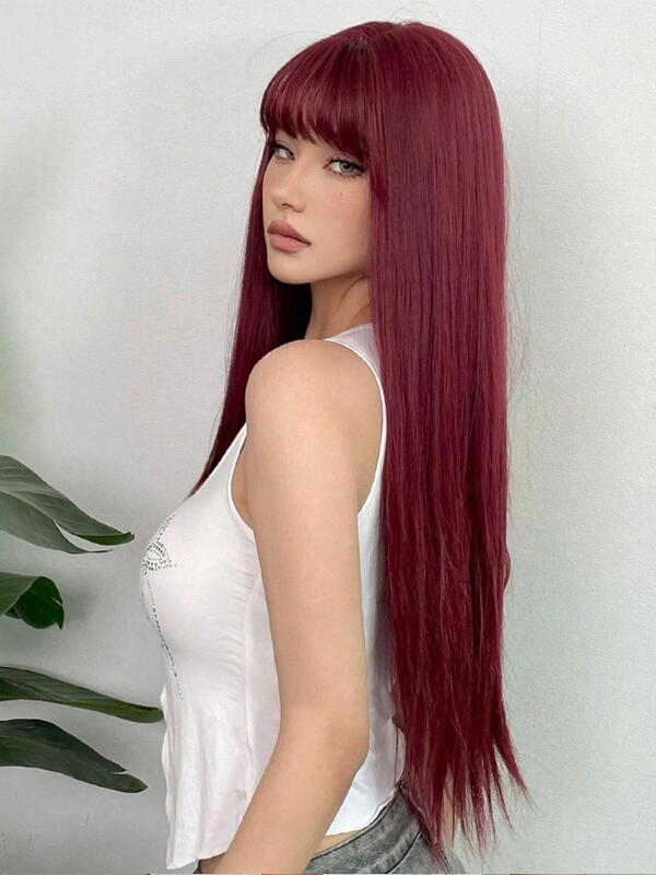 Pruik Voor Dagelijks Feest Cosplay Met Pony Lange Rechte Wijnrode Pruiken Van Echt Haar