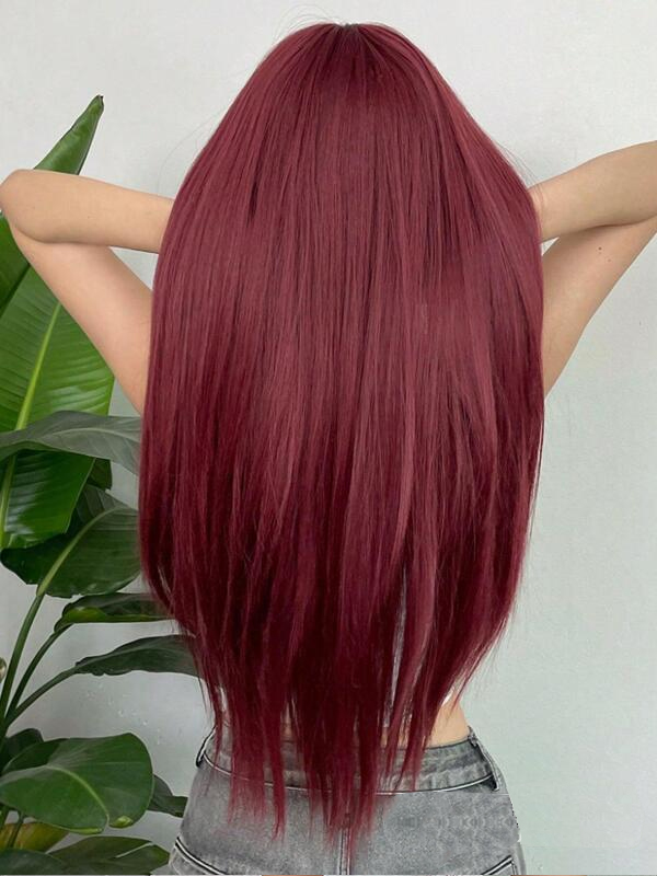 Pruik Voor Dagelijks Feest Cosplay Met Pony Lange Rechte Wijnrode Pruiken Van Echt Haar