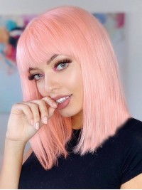 Rechte Lace Front Bob Pruiken Met Pony Roze Menselijk Haarpruik