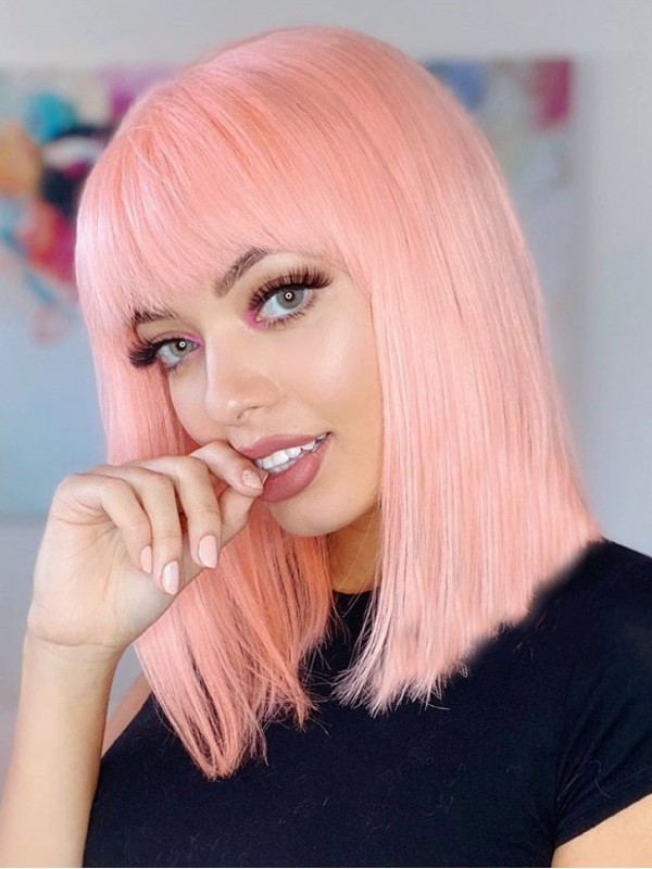 Rechte Lace Front Bob Pruiken Met Pony Roze Menselijk Haarpruik