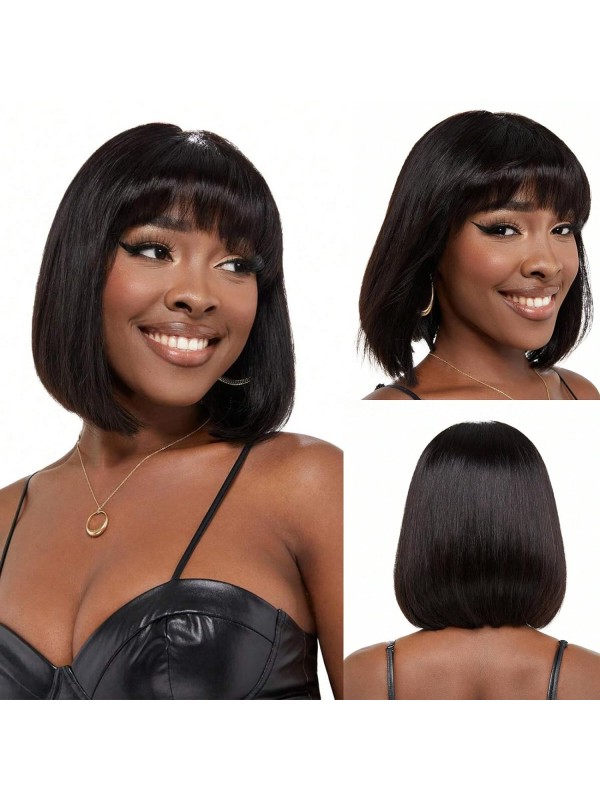 Natuurlijke Kleur Korte Bob Met Pony Menselijk Haar Pruiken Voor Zwarte Vrouwen