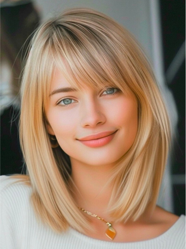 Blonde Pruiken Met Pony's Kinlengte 12" Kant Voor Rechte Pruiken Van Echt Haar