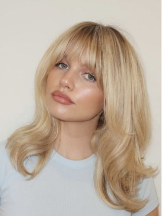 Middelblonde Pruik 14" Zonder Kap Remy Haar Met Pony Steile Pruiken