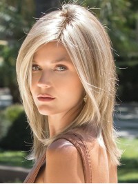 Zacht 14" Capless Rechte Synthetische Blonde Pruiken Met Pony