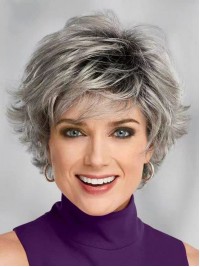 Korte Pixie Cut Ombre Grijze Synthetische Pruiken Met Pony