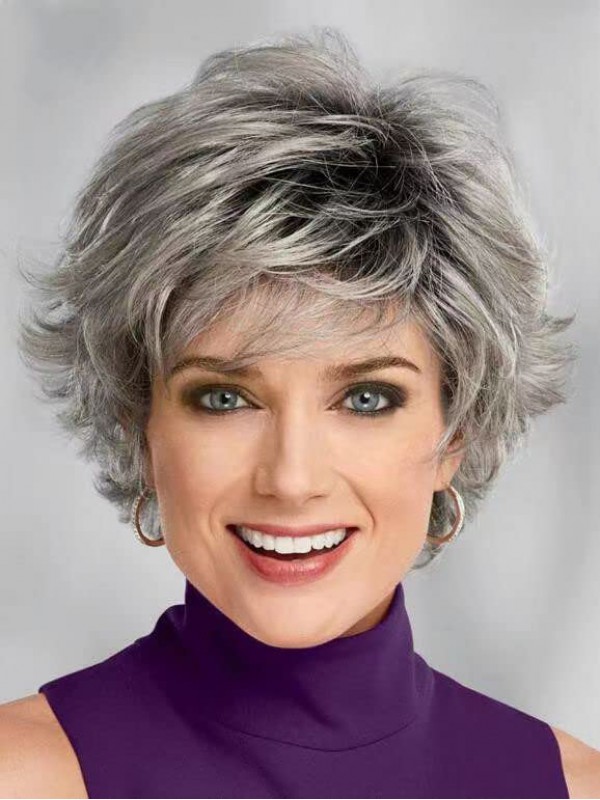 Korte Pixie Cut Ombre Grijze Synthetische Pruiken Met Pony