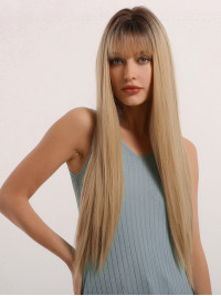 Lange Rechte Middenscheiding Natuurlijke Blonde Pruik Synthetische Pruik Met Pony