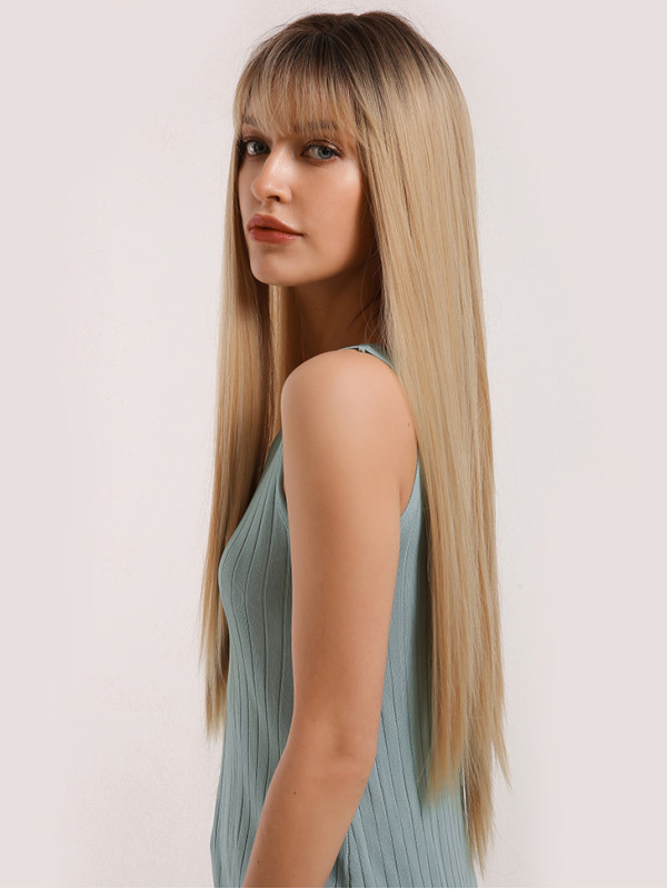 Lange Rechte Middenscheiding Natuurlijke Blonde Pruik Synthetische Pruik Met Pony