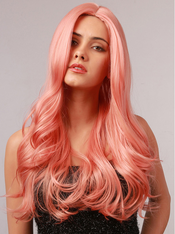 Lange Body Wave Roze 20" Capless Synthetische Pruiken Zonder Pony Voor Cosplay Halloween Pruik