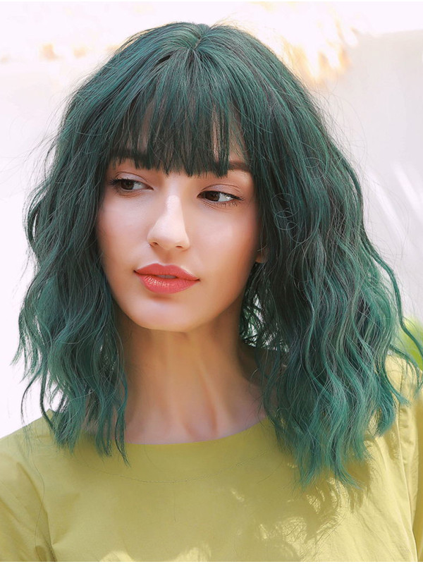 14" Ombre Groene Bob Synthetische Pruiken Met Pony Voor Cosplay Halloween Pruik