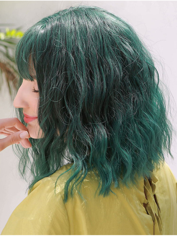 14" Ombre Groene Bob Synthetische Pruiken Met Pony Voor Cosplay Halloween Pruik