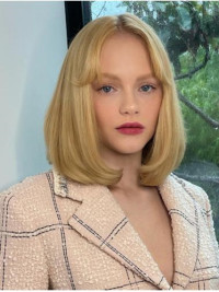 Synthetische Rechte Blonde 12" Met Pony Pruiken Voor Vrouwen
