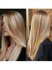 Natuurlijke Pruiken Zonder Pony Met Highlights In Bruin Synthetisch Haar Zonder Kap