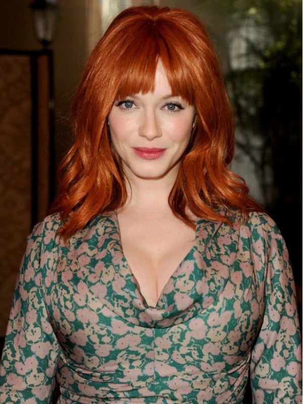 Capless golvend met pony schouder lengte 16 "prachtig menselijk haar Christina Hendricks pruiken
