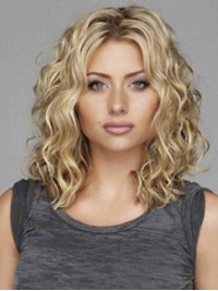Blonde Middenscheiding Golvende Medium Capless Pruiken Van Echt Haar 16 Inch
