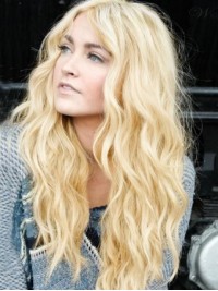 Centrale Scheiding Lang Blond Mensenhaar Golvende Lace Front Pruiken 22 Inch
