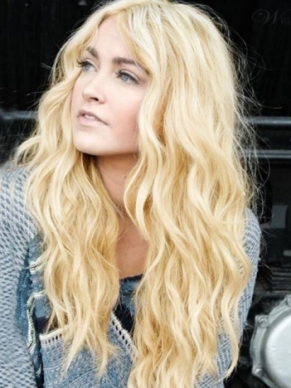 Centrale Scheiding Lang Blond Mensenhaar Golvende Lace Front Pruiken 22 Inch