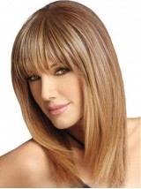 Medium Blonde Capless Met Full Bang Menselijk Haar Pruiken 16 Inches