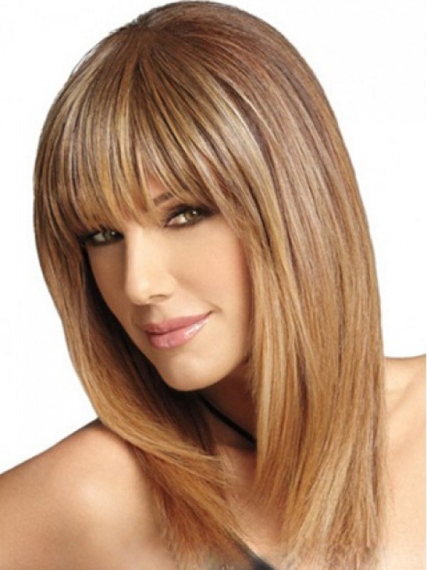 Medium Blonde Capless Met Full Bang Menselijk Haar Pruiken 16 Inches
