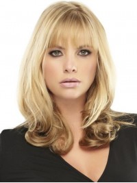 Blonde Kaploze Golvende Pruiken Van Echt Haar Met Pony 20 Inch