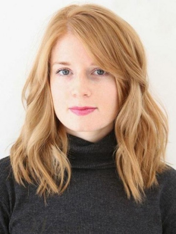 Blonde Golvende Pruiken Van Echt Haar Met Kant En Pony 16 Inch
