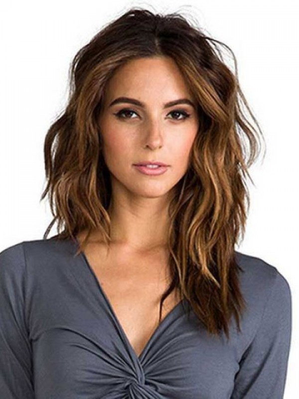 Centrale Scheiding Lang Golvend Bruin Lace Front Remy Mensenhaar Pruiken 16 Inch