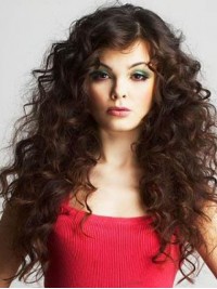 Bruine Lang Krullende Capless Remy Mensenhaar Pruiken 24 Inch
