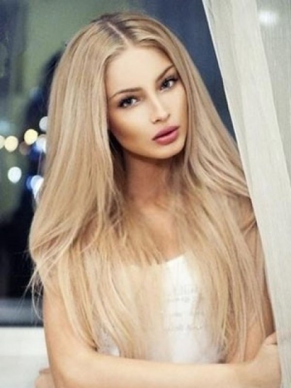 Rechte Pruiken Van Echt Haar Met Middenscheiding, Lang Blond Haar