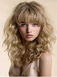 Blonde Golvende Lange Pruiken Zonder Kap Van Mensenhaar Met Pony 16 Inch