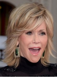 Jane Fonda Pluizige Medium Steil Menselijk Haar Capless Pruiken 12 Inch