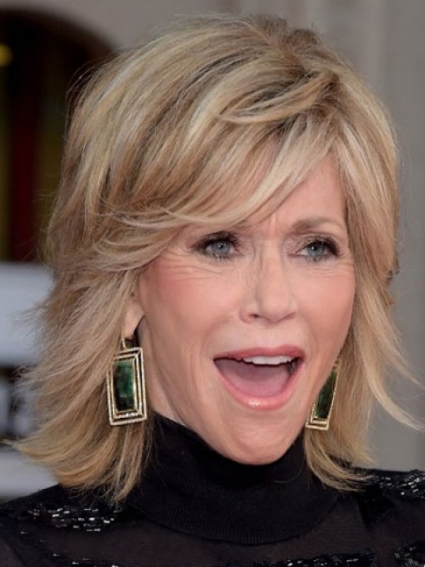 Jane Fonda Pluizige Medium Steil Menselijk Haar Capless Pruiken 12 Inch
