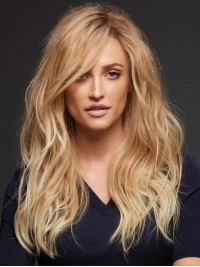 Blonde Lange Golvende Lace Front Remy Mensenhaar Pruiken Met Pony Aan De Zijkant 20 Inch