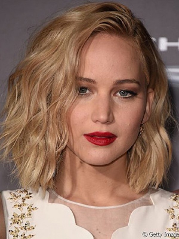 Blonde Bob-Stijl Golvende Kaploze Pruiken Van Echt Haar Met Pony Aan De Zijkant 12 Inch