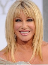Suzanne Somer'S Blonde, Rechte, Medium Remy-Pruiken Van Echt Haar Met Pony 14 Inch