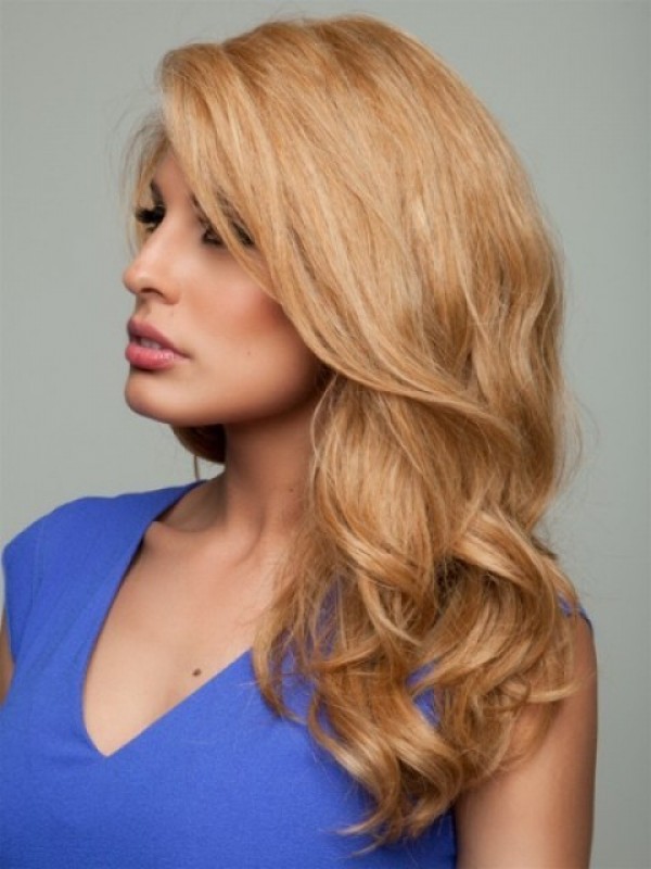 Blonde Lange Golvende Pruiken Van Echt Haar Met Kant En Pony 22 Inch