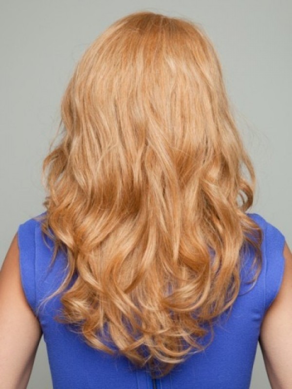 Blonde Lange Golvende Pruiken Van Echt Haar Met Kant En Pony 22 Inch