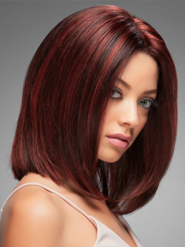 Claret Bob-Stijl Centrale Scheiding Rechte Lace Front-Pruiken Van Echt Haar 14 Inch