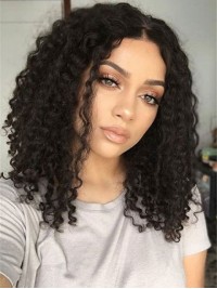 Zwarte Middenscheiding Krullend Medium Lace Front Haar Pruiken 14 Inch