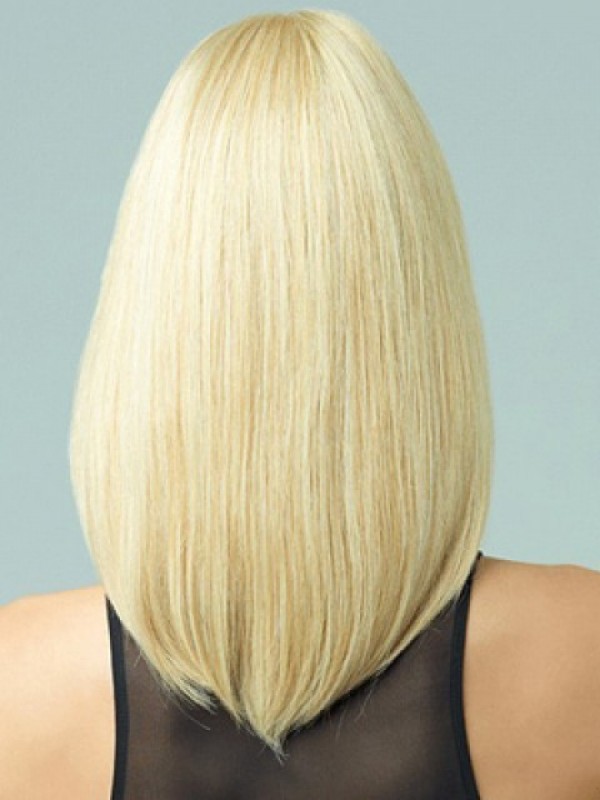 Blonde Medium Steil Menselijk Haar Lace Front Pruiken Met Pony Aan De Zijkant 14 Inch