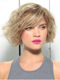 Bob Stijl Blonde Capless Mensenhaar Golvende Pruiken Met Pony Aan De Zijkant 10 Inch